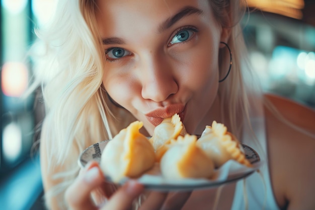 Photo photo of attractive blonde woman with love to food polish pierogi