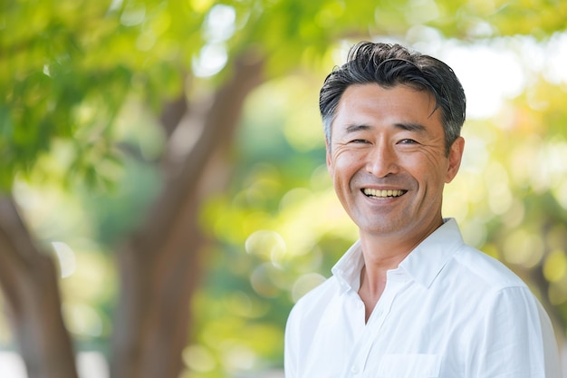 A photo of an attractive Japanese middleaged man in business casual attire smiling and standing