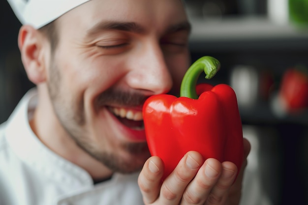 Photo of attractive male cook with love to food pepper