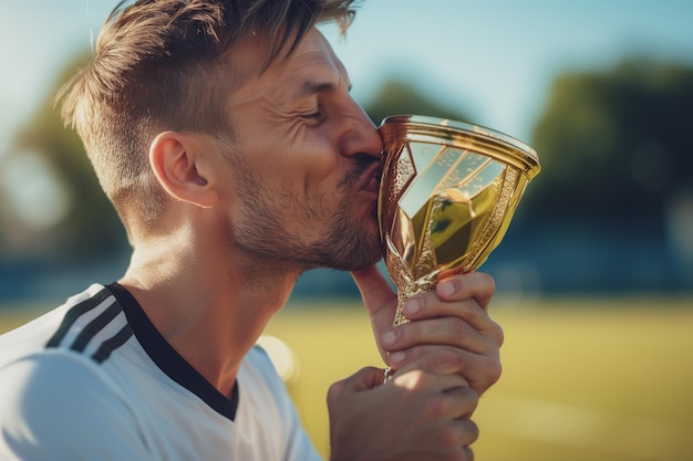 Photo of a attractive male showing love to sport football soccer