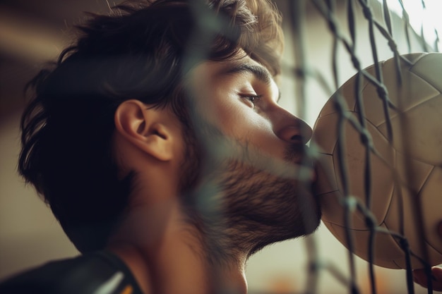 Photo of a attractive male showing love to sport volleyball