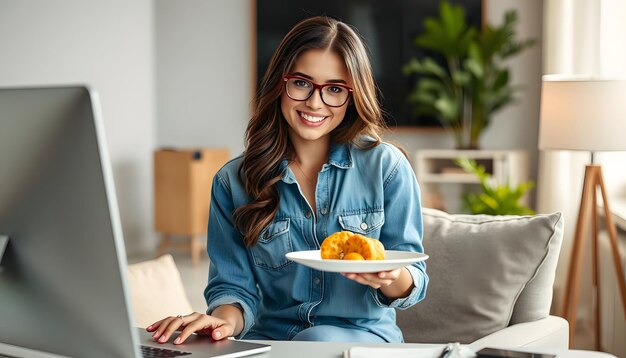 Photo of attractive woman plate vacation computer dressed denim clothes executive business leader