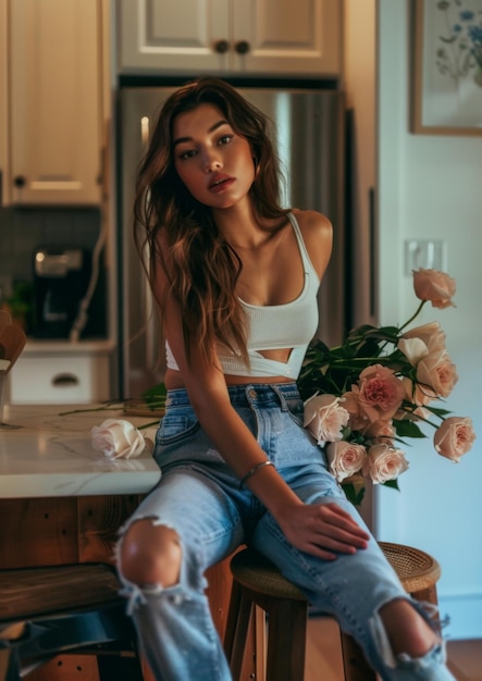 A photo of an attractive woman sitting on the countertop in her kitchen with flowers