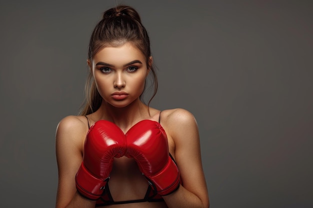 Photo photo of attractive young boxer lady posing over grey background