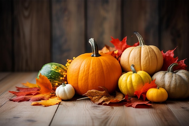 photo of autumn decorations and autumn leaves on a wooden table with a wood grain texture