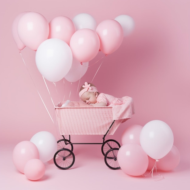 Photo a baby carriage is on a pink and white background 17