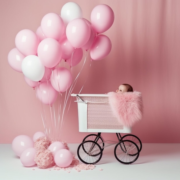 Photo a baby carriage is on a pink and white background 18