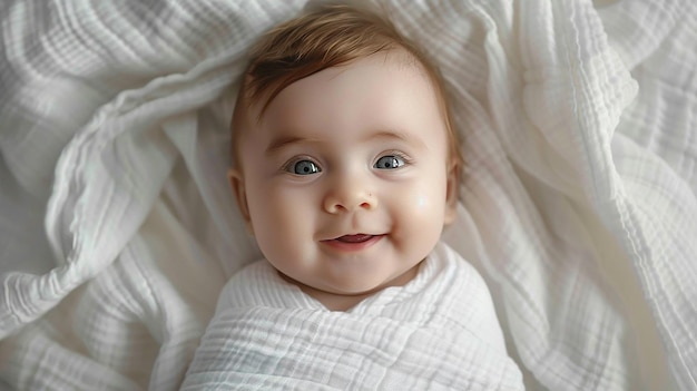 Photo of a baby is wrapped in a white blanket with a smile