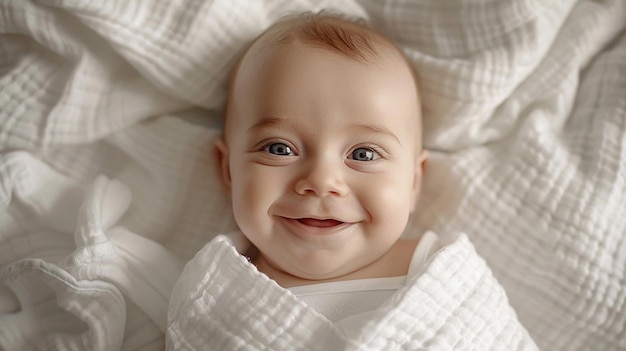 Photo of a baby is wrapped in a white blanket with a smile