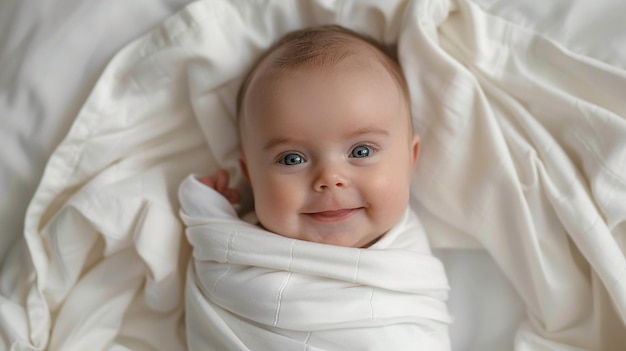 Photo of a baby is wrapped in a white blanket with a smile