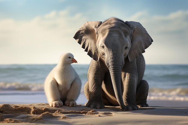 photo of a baby penguin and elephant sitting on the beach