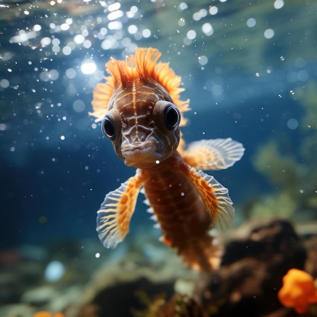 Photo of a baby seahorse gracefully swimming in the sea Generative AI