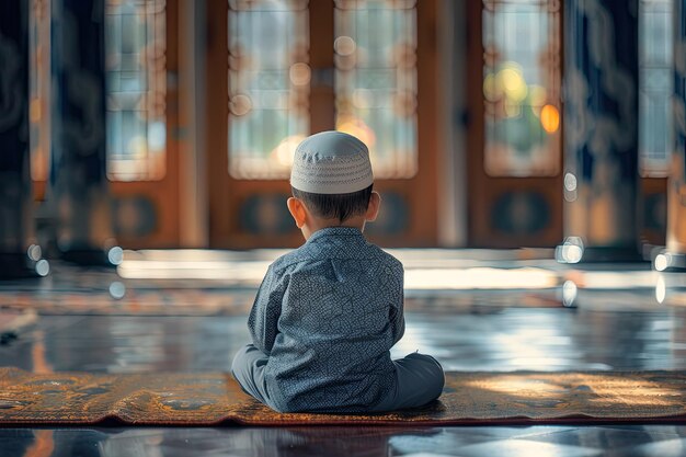 Photo photo back view of asian muslim kid with cap praying