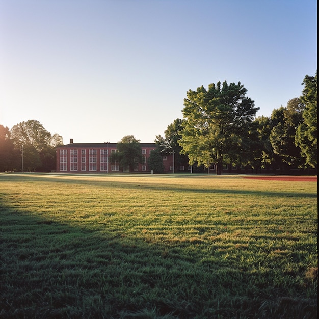 Photo of the background view of a school field with green grass and a few trees