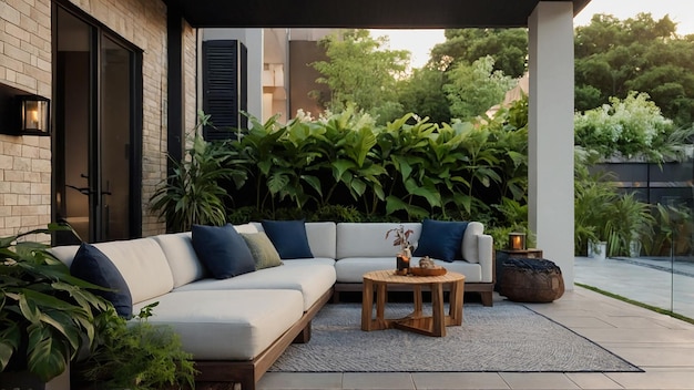 A photo of a backyard with a pool lounge chairs and palm trees