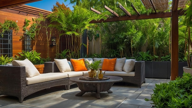 A photo of a backyard with a pool lounge chairs and palm trees