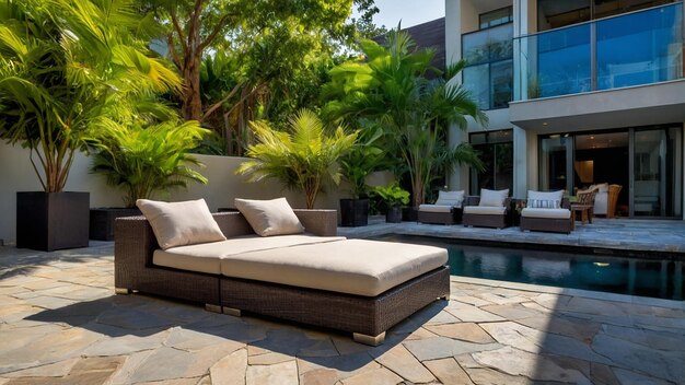 A photo of a backyard with a pool lounge chairs and palm trees