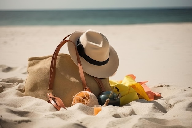 Photo bag with beach accessories kept on sand