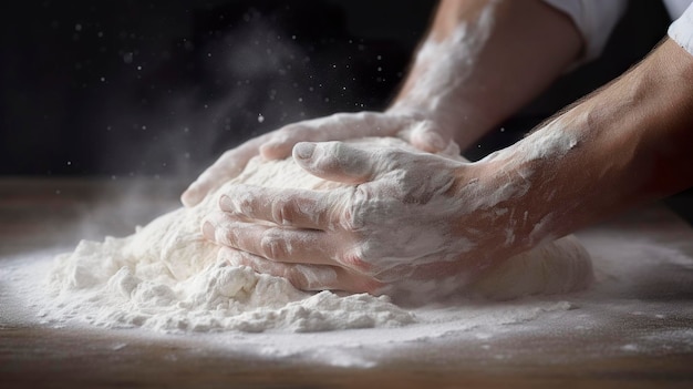 Photo a photo of a bakers hands dusting flour on dough