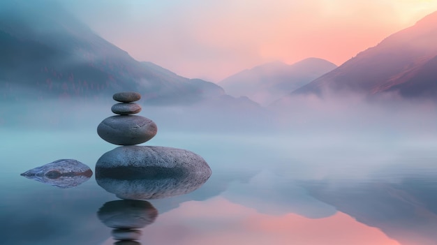 Photo photo of balanced stones in water with fog and mountains background 3d rendering illustration serene sunrise scene with stacked rocks on calm lake surface in the style of meditation