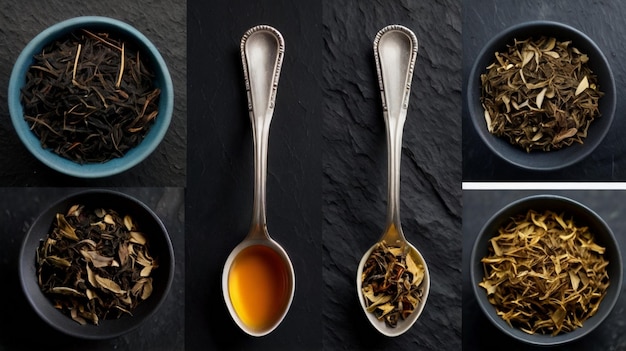 Photo photo banner collage photo of dry tea in spoons on a black stone background top view generative ai