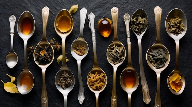 Photo photo banner collage photo of dry tea in spoons on a black stone background top view generative ai