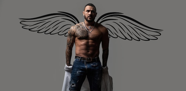 Photo banner of sexy man angel with wings for valentines day sexy man undressing shirt seductive fac