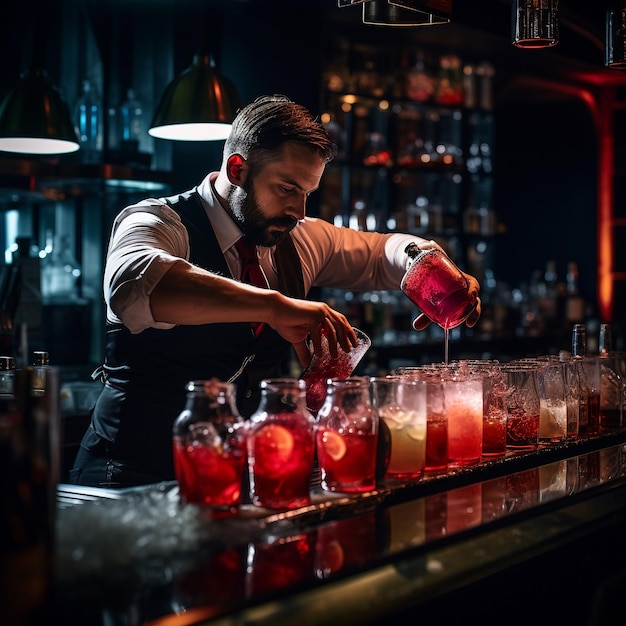 photo of a bartender working behind the bar counter making a cocktail in the nightclub