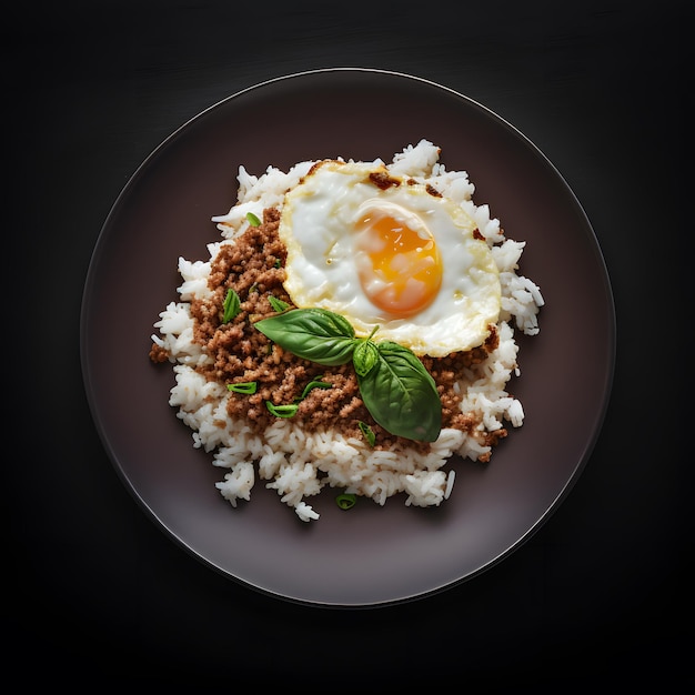 photo basil minced pork with rice and fried egg food photography