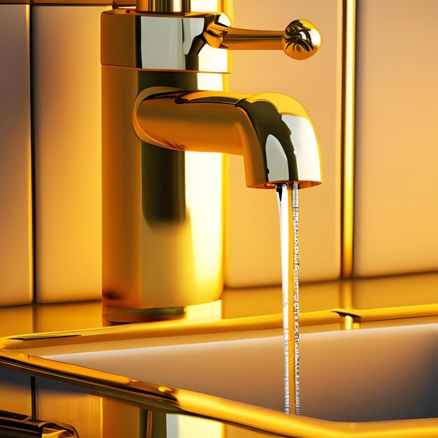 Photo Bathroom Design Fragment Water Faucet And Ceramic Tiles Gold Yellow Color Closeup 5