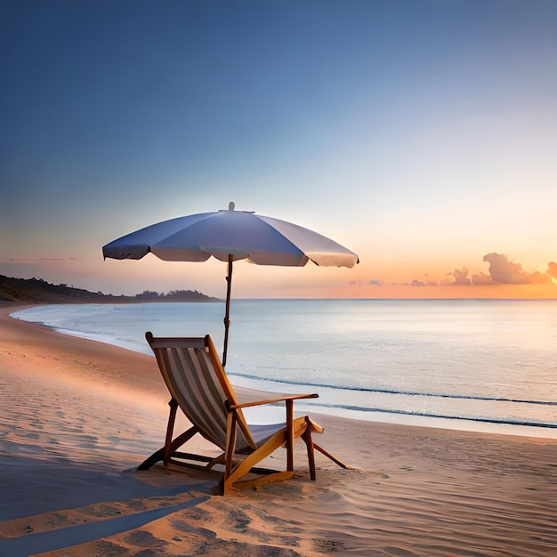 Photo A beach chair with an umbrella on the sand and the sun setting behind it