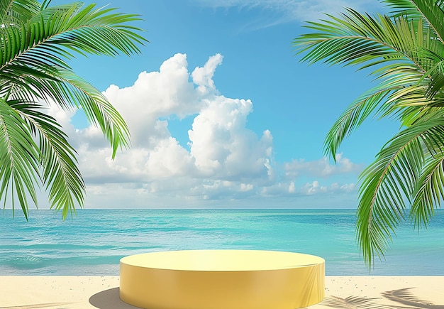 Photo of beach view 3d cosmetics products podium stages with beach background