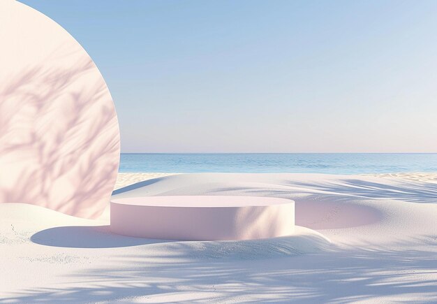 Photo of beach view 3d cosmetics products podium stages with beach background