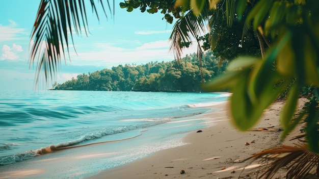 a photo of a beach with a palm tree and the ocean in the background