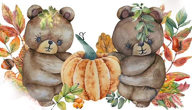 Photo bear holding pumpkin with autumn plants and leaves painted in watercolor on a white is