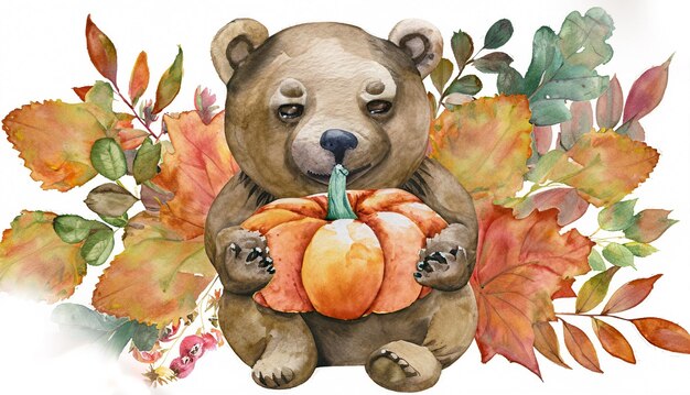 Photo bear holding pumpkin with autumn plants and leaves painted in watercolor on a white is