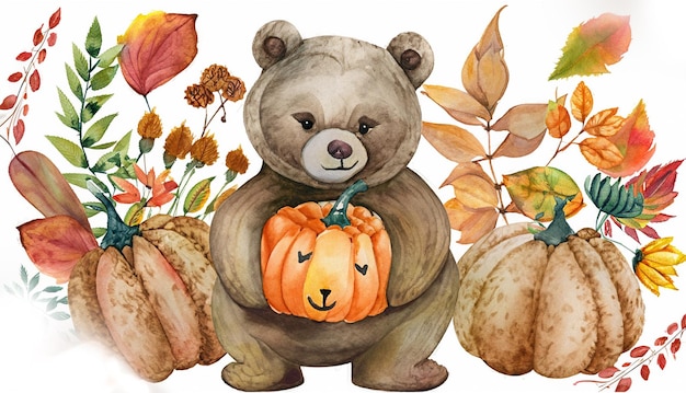 Photo bear holding pumpkin with autumn plants and leaves painted in watercolor on a white is