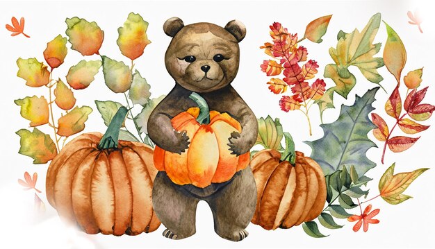 Photo bear holding pumpkin with autumn plants and leaves painted in watercolor on a white is