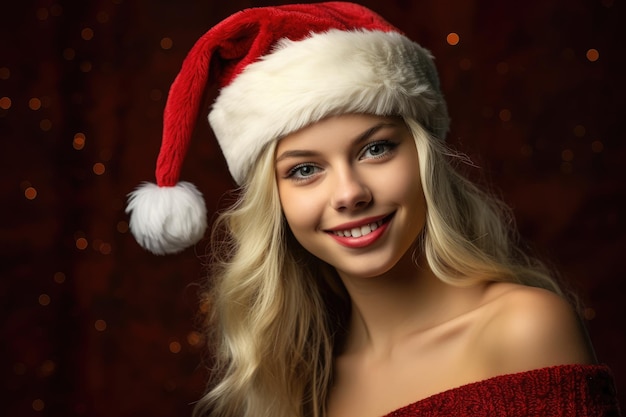 Photo of a beautiful 20 year's old woman wearing a charming santa clause costume against a solid colored background in a studio setting Generative AI