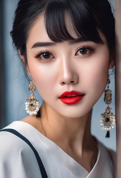 A photo of beautiful asian woman black hair and red lips