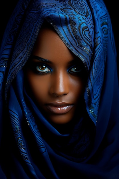 Photo of a beautiful black woman wearing blue attire