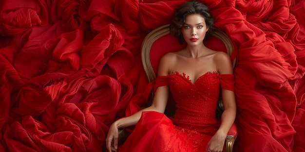 photo of a beautiful blonde woman with a red dress on a red background