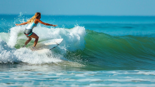 Photo beautiful brunette woman in the black swimsuit riding on the wakeboard on ocean blur wave