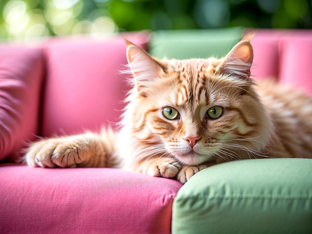 Photo A beautiful cute cat lies on the sofa and in a relaxed close up pose AI GENERATED