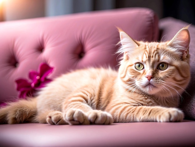 Photo A beautiful cute cat lies on the sofa and in a relaxed close up pose AI GENERATED