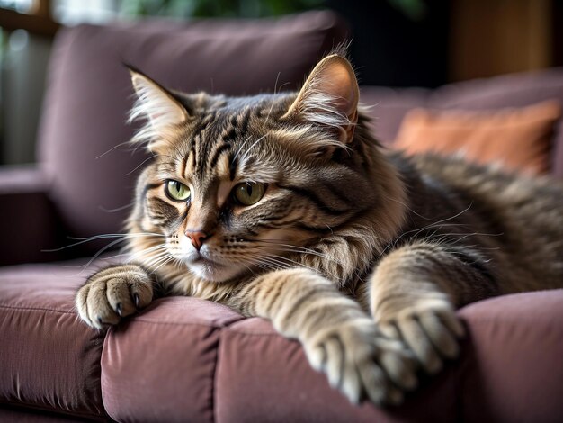 Photo A beautiful cute cat lies on the sofa and in a relaxed closeup pose AI GENERATED