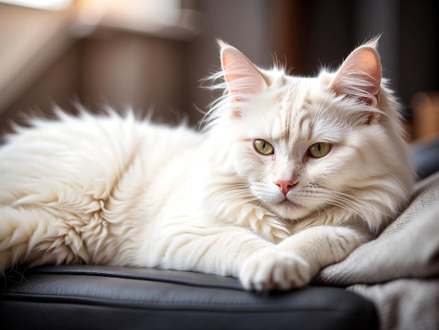 Photo A beautiful cute cat lies on the sofa and in a relaxed closeup pose AI GENERATED