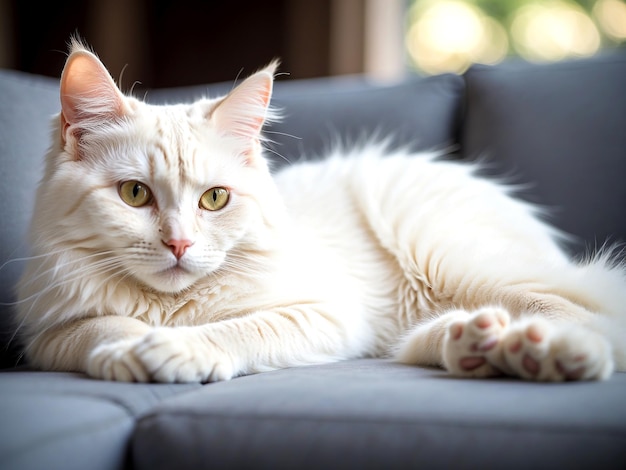 Photo A beautiful cute cat lies on the sofa and in a relaxed closeup pose AI GENERATED