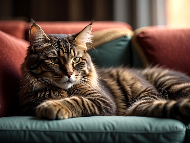 Photo A beautiful cute cat lies on the sofa and in a relaxed closeup pose AI GENERATED