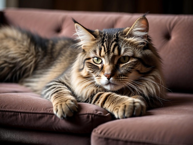 Photo A beautiful cute cat lies on the sofa and in a relaxed closeup pose AI GENERATED